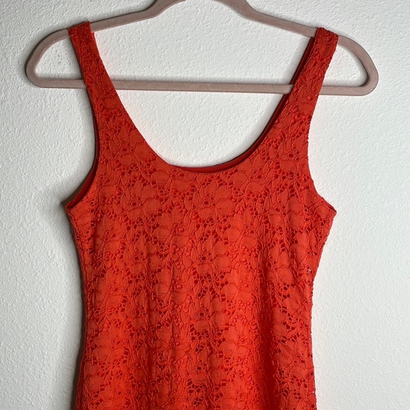 Y2K Ambiance Apparel Size M Coral Orange Floral Lace Bodycon Stretch Mini Dress - Picture 5 of 8